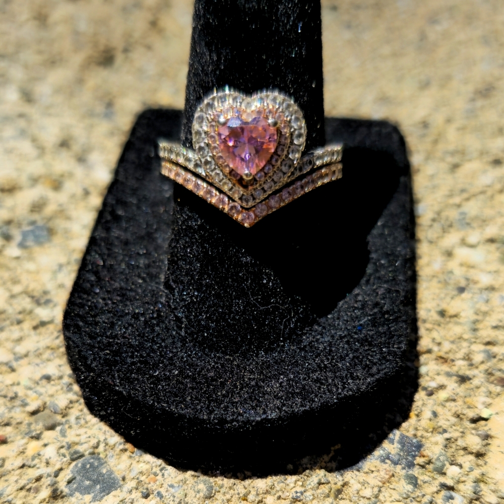 Sterling Silver Pink Sapphire Halo Bridal Set. Size 6 1/2